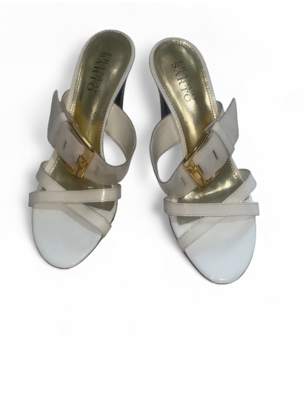 Franco Sarto White/Gold Strappy Buckle Slip-On Leather Sandals